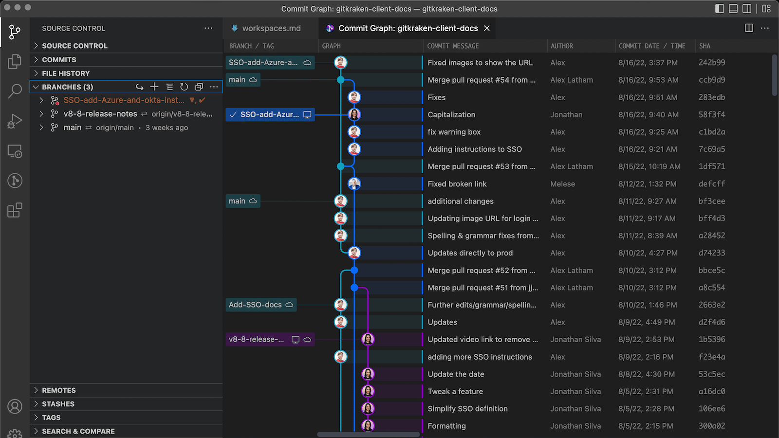 Commit Graph in GitLens showing branches and commits