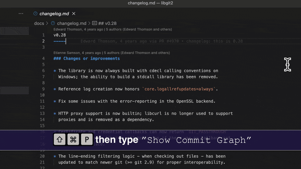 Using the Command Palette to open the GitLens Commit Graph